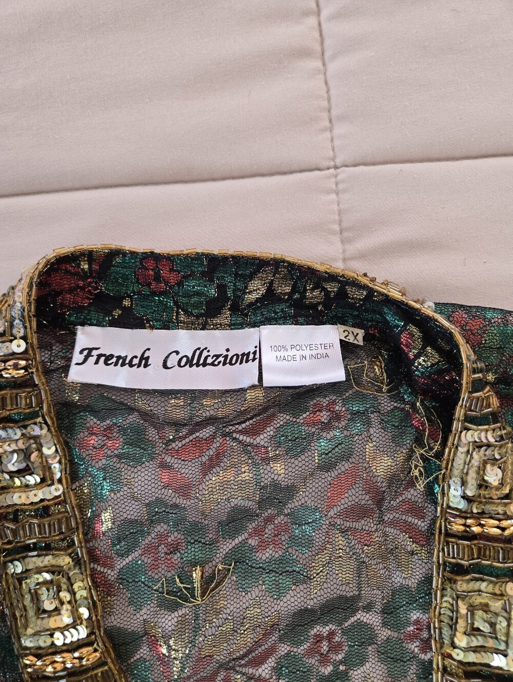 Vintage French Collizioni Embellished Floral Palm Trees Sheer Beaded Duster 2X - Picture 3 of 10